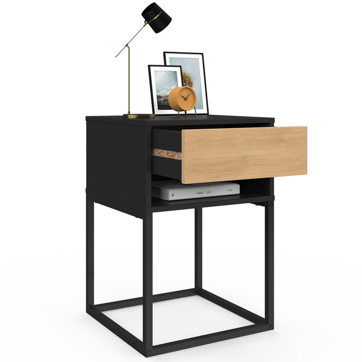 Lot de 2 tables de chevet ERNEST 1 tiroir et 1 niche noir et façon hêtre