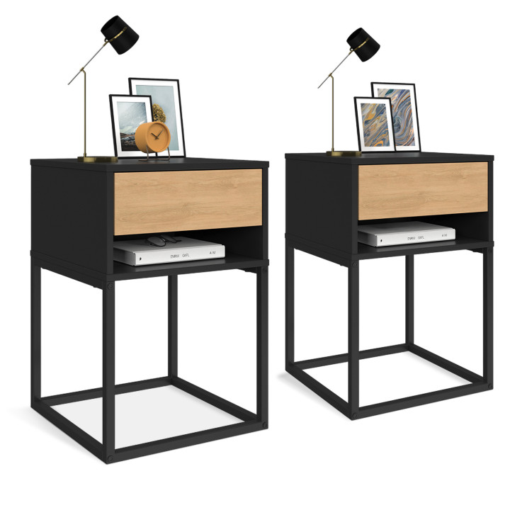 Lot de 2 tables de chevet ERNEST 1 tiroir et 1 niche noir et façon hêtre
