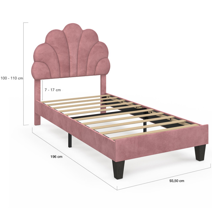 Letto singolo a conchiglia AMANDA 90 x 190 cm con base in velluto rosa cipria