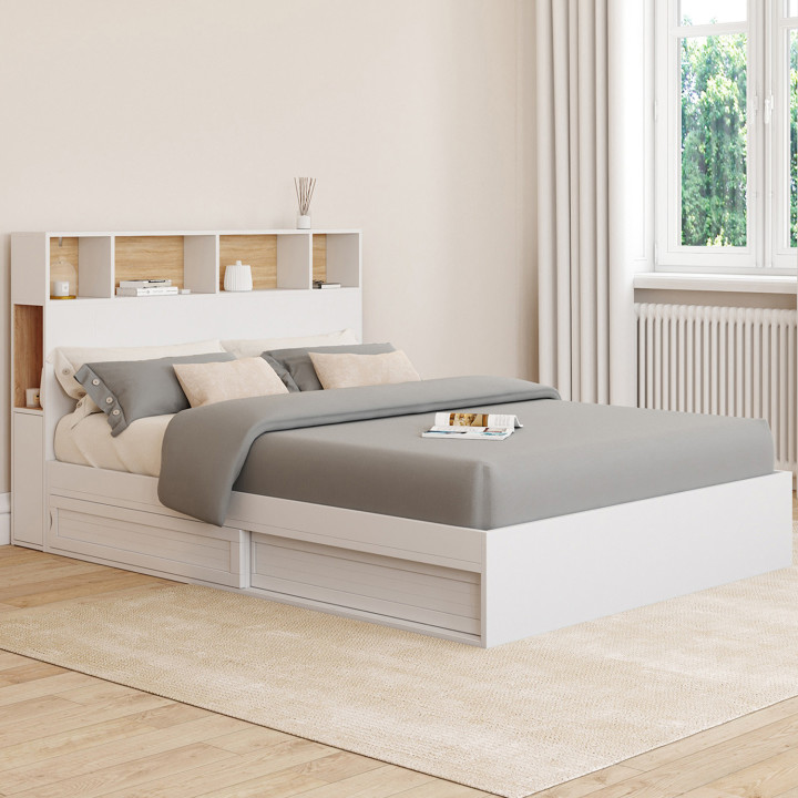 Lit double CLEM avec tête de lit, rangements et sommier 140 x 190 cm blanc