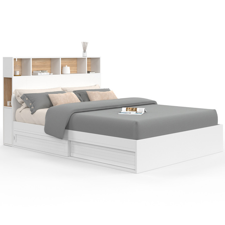 Lit double CLEM avec tête de lit, rangements et sommier 140 x 190 cm blanc