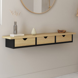 Etagère murale console d'entrée LISE 3 tiroirs effet bois et noir