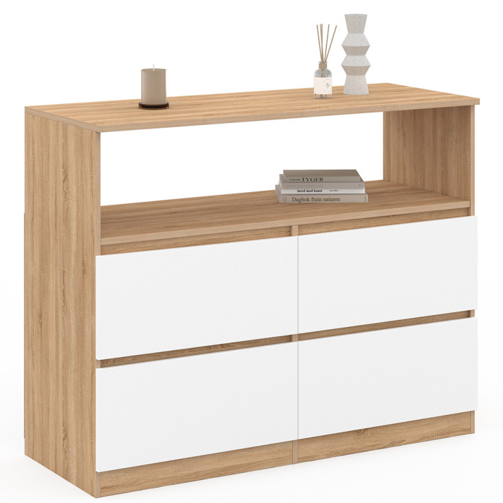 TOMI Cassettone a 4 cassetti da 100 cm con nicchia effetto faggio in bianco
