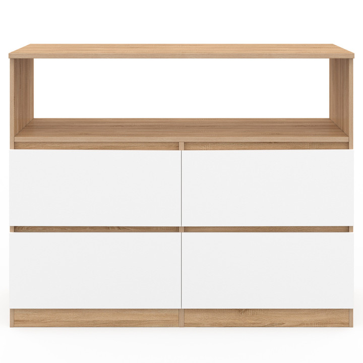 Commode 4 tiroirs TOMI 108 cm avec niche façon hêtre et blanc