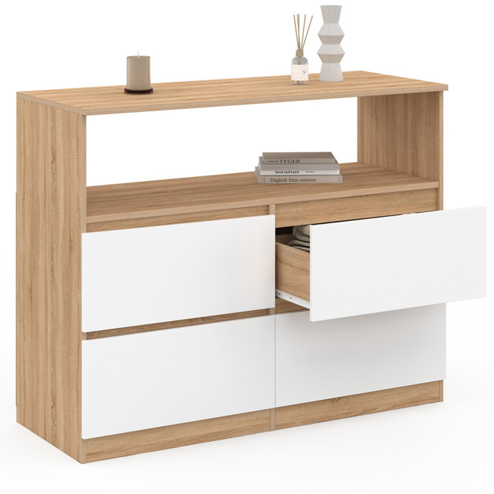 TOMI Cassettone a 4 cassetti da 100 cm con nicchia effetto faggio in bianco