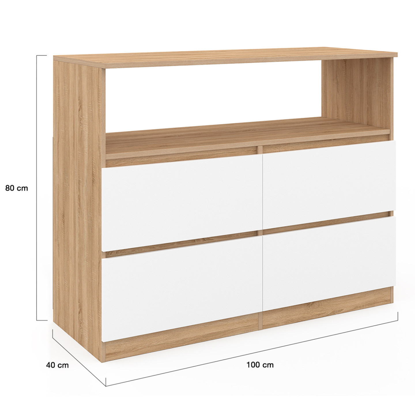 Kommode mit 4 Schubladen 100 cm mit Nische in Buchenholzoptik und weiß - TOMI