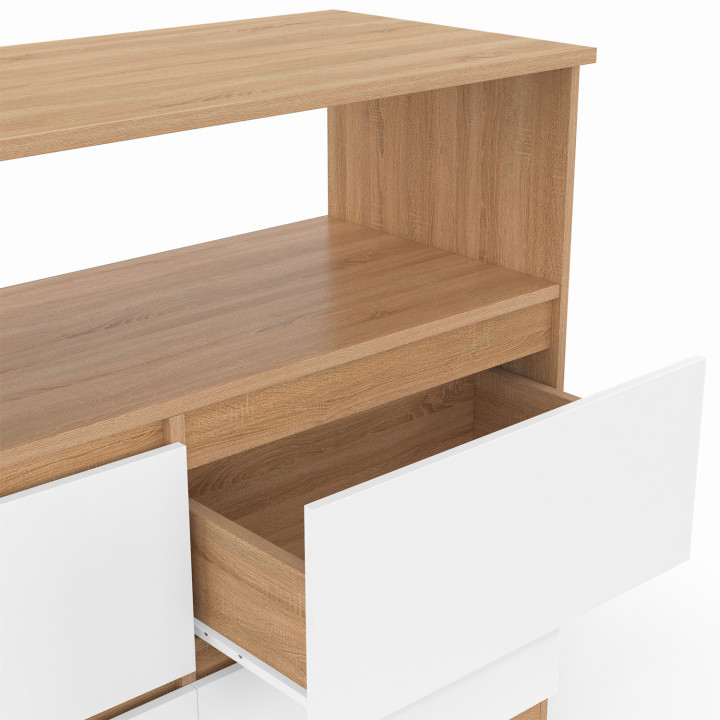 Commode 4 tiroirs TOMI 108 cm avec niche façon hêtre et blanc