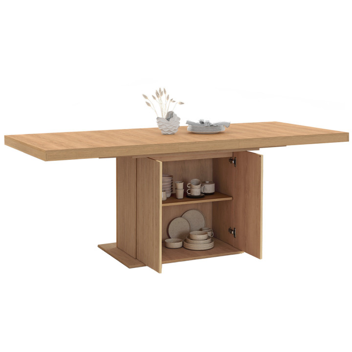 Table à manger extensible rectangle JULIETTE 6-10 personnes pied central lattes tasseau bois avec rangement 160-200 cm
