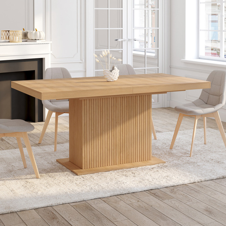 Table à manger extensible rectangle JULIETTE 6-10 personnes pied central lattes tasseau bois avec rangement 160-200 cm
