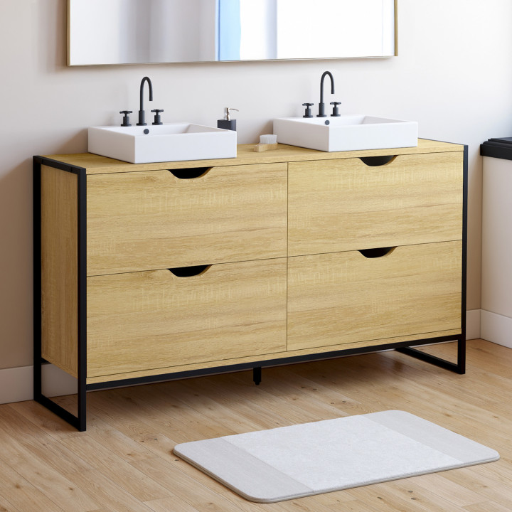 Meuble sous lavabo double vasque salle de bain DETROIT 4 tiroirs design industriel