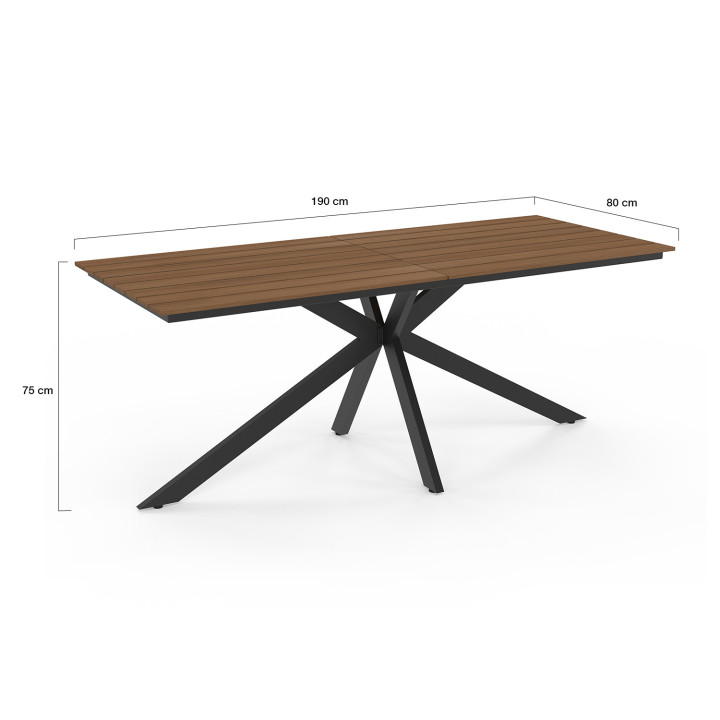 Set di mobili da giardino MESSINA 190cm tavolo con gambe a ragno effetto legno e 8 sedie nere impilabili