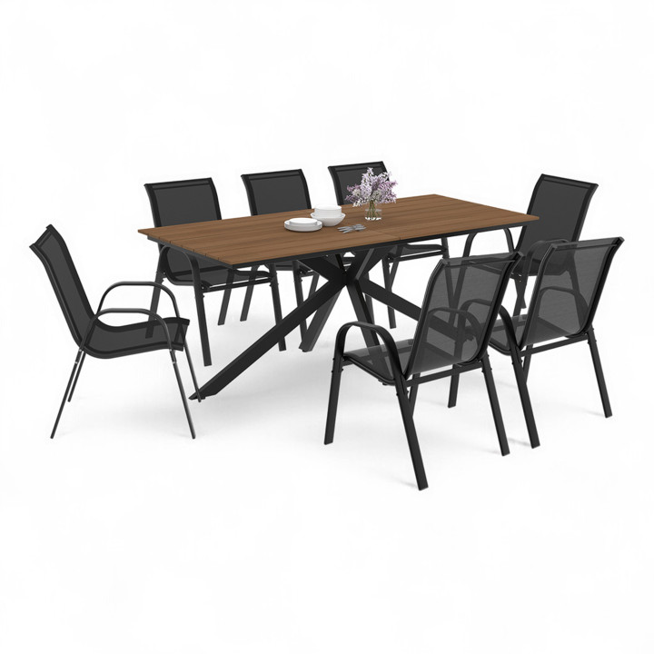 Set di mobili da giardino MESSINA 190cm tavolo con gambe a ragno effetto legno e 8 sedie nere impilabili