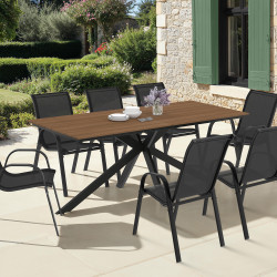 Set di mobili da giardino MESSINA 190cm tavolo con gambe a ragno effetto legno e 8 sedie nere impilabili