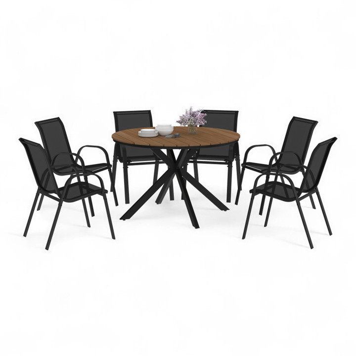 MESSINA tuinmeubilair - 120cm ronde tafel met spinnenpoten met houteffect en 6 zwarte stapelstoelen