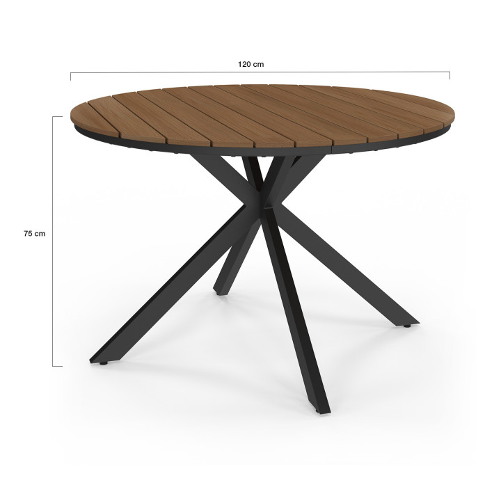 Mobili da giardino MESSINA - Tavolo rotondo da 120 cm con gambe a ragno effetto legno e 6 sedie nere impilabili