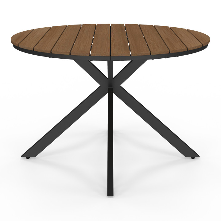 Mobili da giardino MESSINA - Tavolo rotondo da 120 cm con gambe a ragno effetto legno e 6 sedie nere impilabili