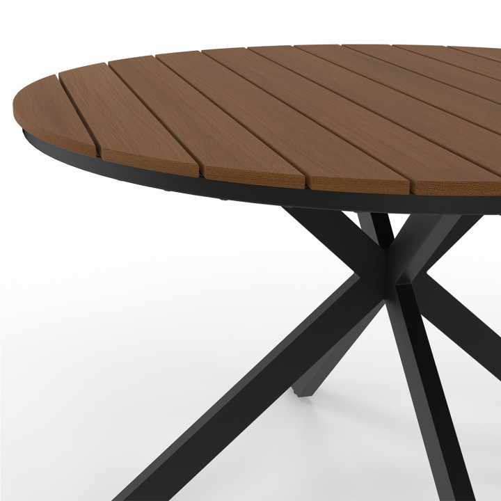 Mobili da giardino MESSINA - Tavolo rotondo da 120 cm con gambe a ragno effetto legno e 6 sedie nere impilabili