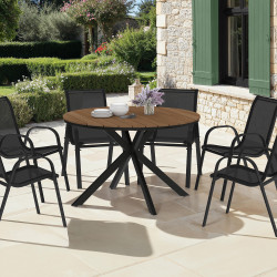 Mobili da giardino MESSINA - Tavolo rotondo da 120 cm con gambe a ragno effetto legno e 6 sedie nere impilabili