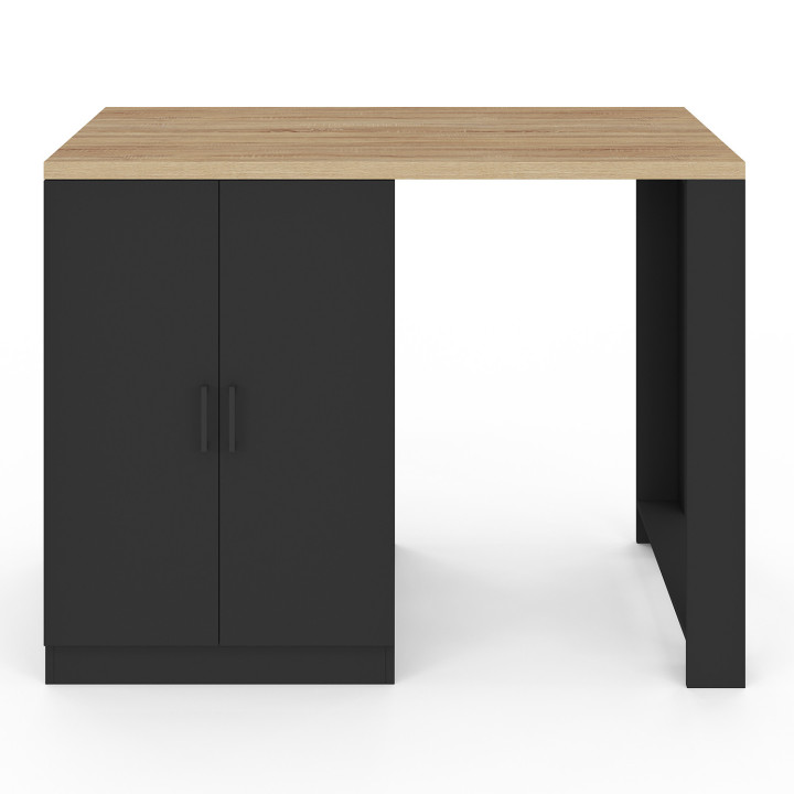 Ilot central LINO 120 cm 2 personnes bois noir avec plan de travail façon hêtre et portes vitrées