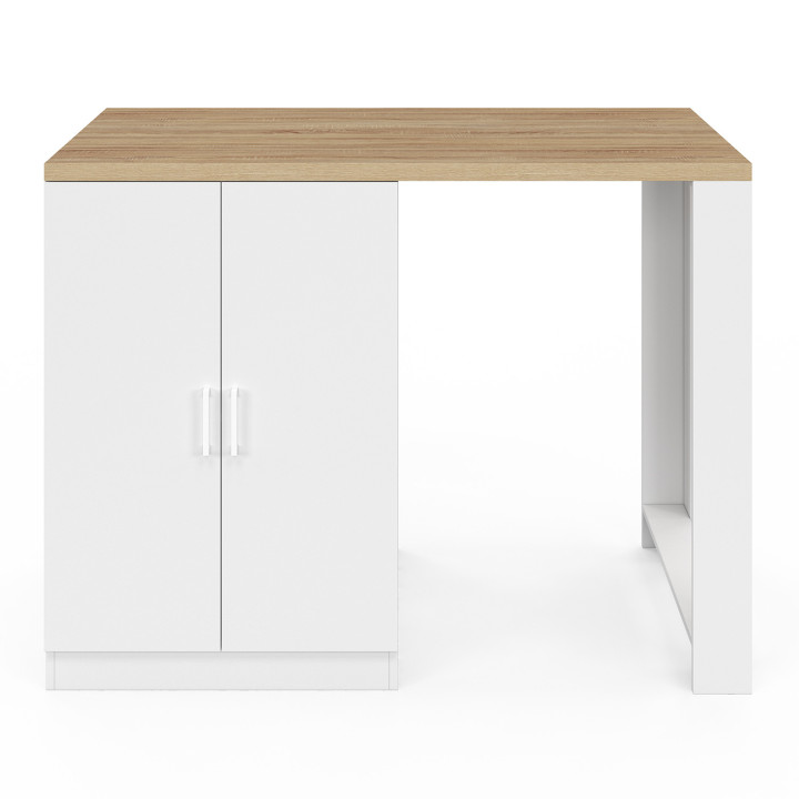Ilot central LINO 120 cm 2 personnes bois blanc et plan de travail façon hêtre et portes vitrées