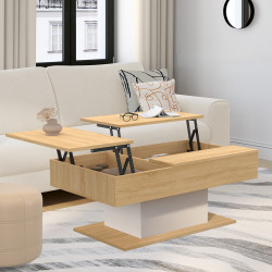 16358 - Table basse 2 plateaux relevables bois et blanc Table basse 2 plateaux relevables rectangulaire EDEN bois et blanc
