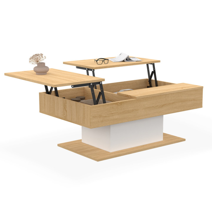 Table basse 2 plateaux relevables rectangulaire EDEN bois et blanc