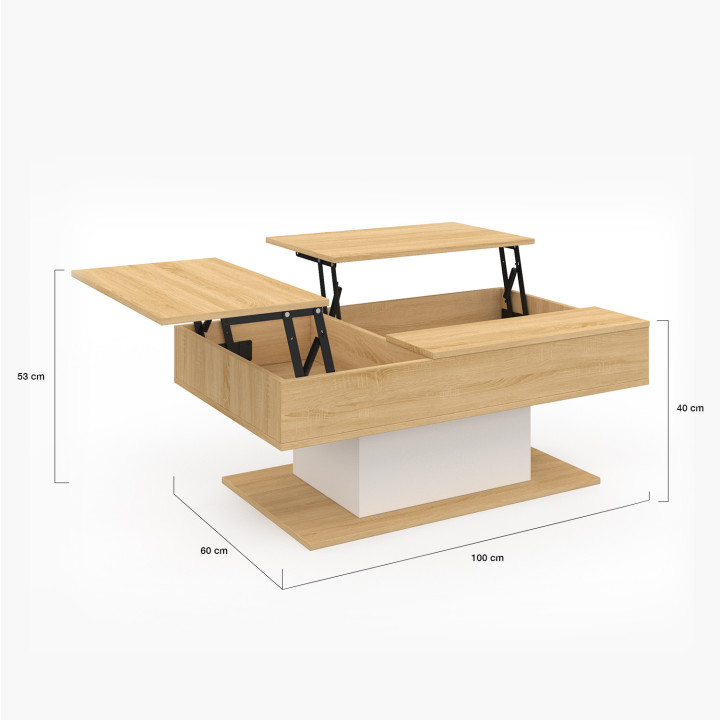 Table basse 2 plateaux relevables rectangulaire EDEN bois et blanc