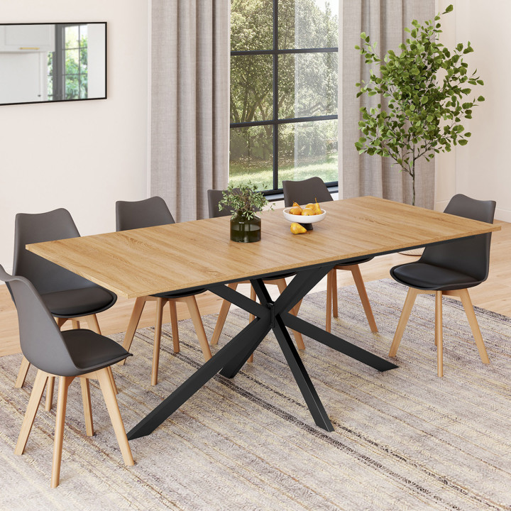 Table à manger extensible rectangle ALIX avec rangement 8-12 personnes pied araignée bois et noir 200-240 cm