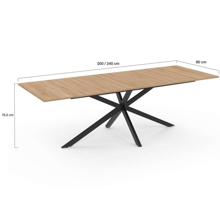 Table à manger extensible rectangle ALIX avec rangement 8-12 personnes pied araignée bois et noir 200-240 cm