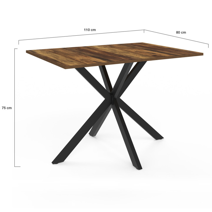 Table à manger rectangle ALIX 4-6 personnes pied araignée bois foncé HAWKINS et noir 110 cm
