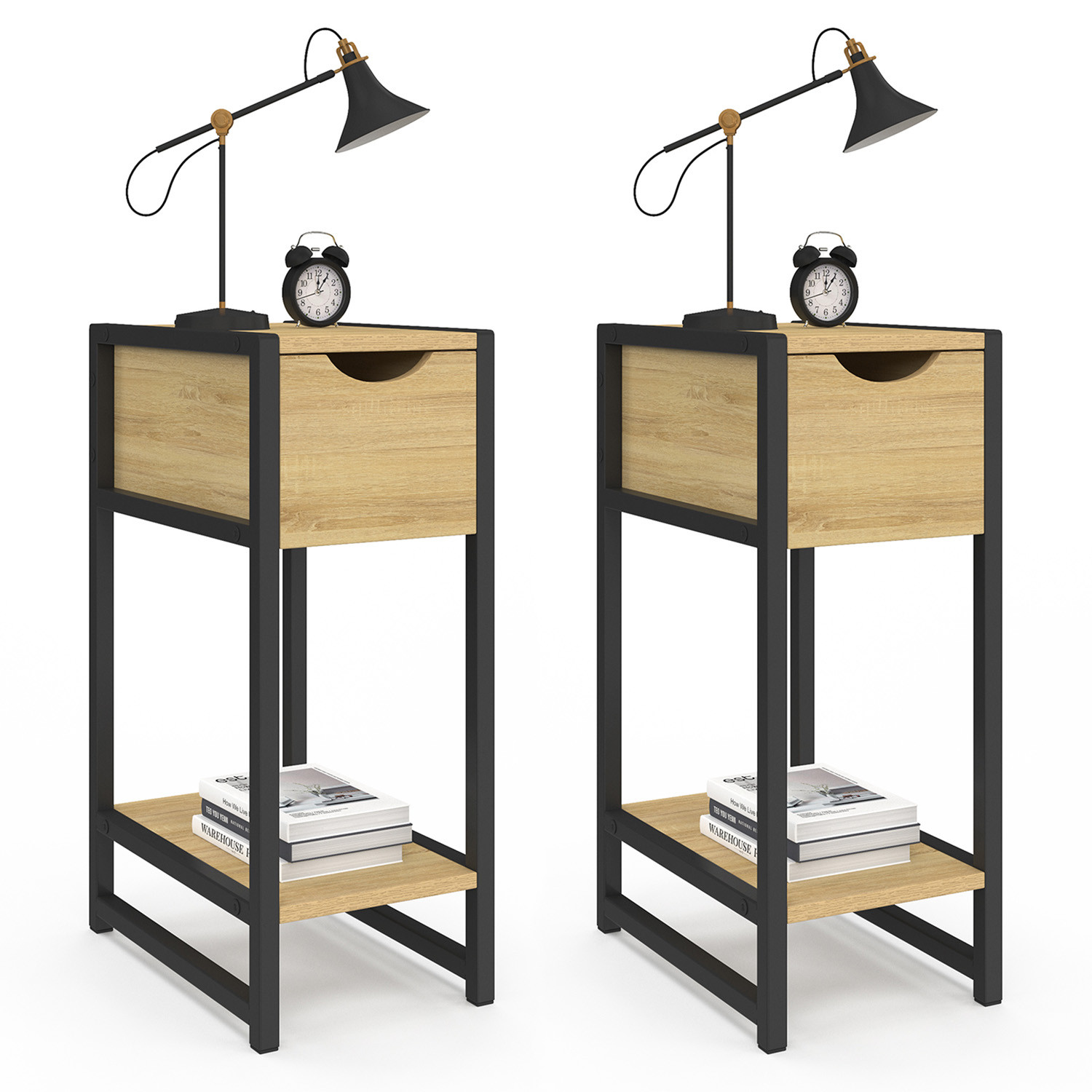 Lot de 2 tables de chevet gain de place bois et métal noir 1 tiroir 1 tablette style industriel