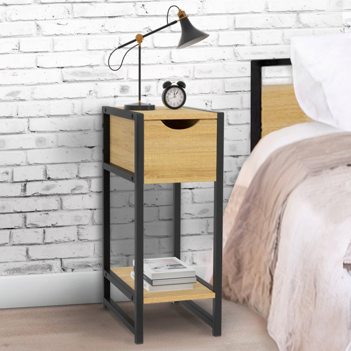 Lot de 2 tables de chevet DETROIT 1 tiroir avec tablette bois et métal noir design industriel