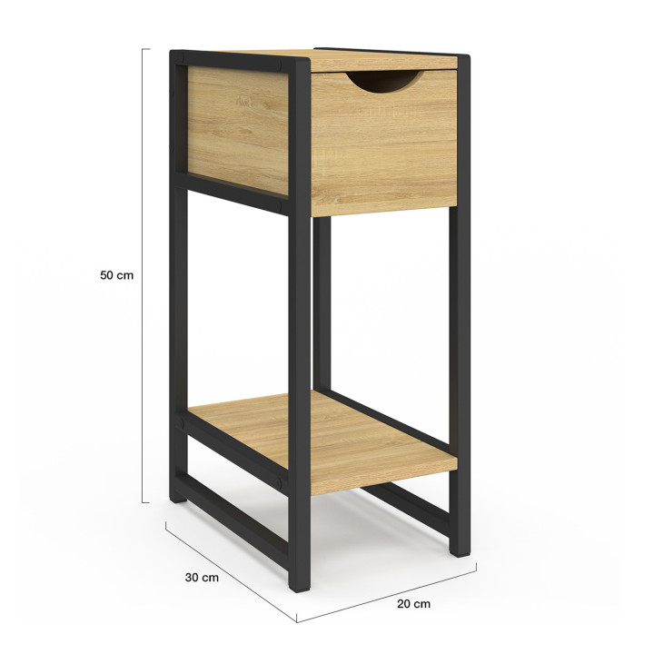 Lot de 2 tables de chevet DETROIT 1 tiroir avec tablette bois et métal noir design industriel