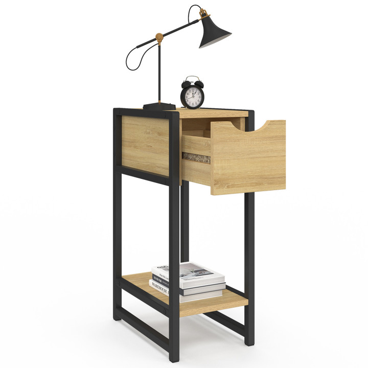 Lot de 2 tables de chevet DETROIT 1 tiroir avec tablette bois et métal noir design industriel