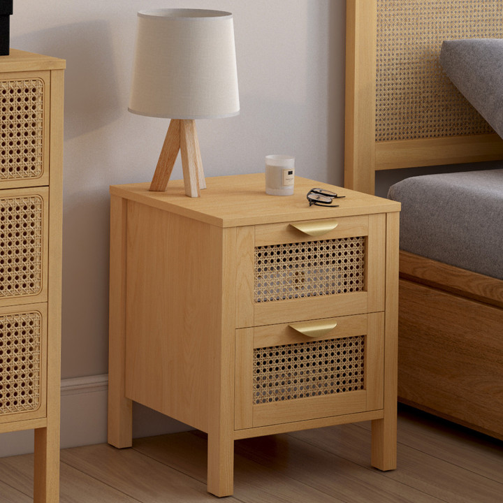 Set di 2 comodini a 2 cassetti EDHEN in vimini e legno