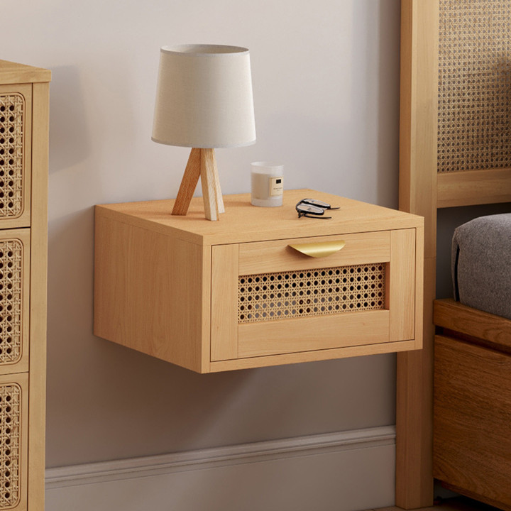 Set di 2 comodini a muro a 1 cassetto EDHEN con ripiani in canna e legno