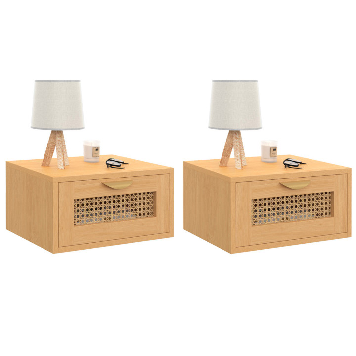 Set di 2 comodini a muro a 1 cassetto EDHEN con ripiani in canna e legno