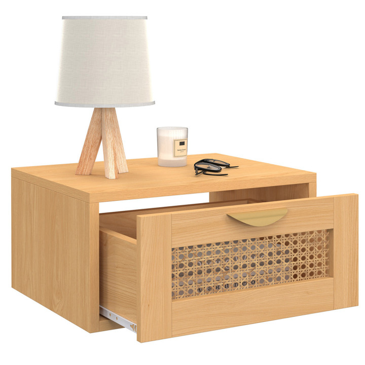 Lot de 2 tables de chevet murales EDHEN 1 tiroir cannage et bois