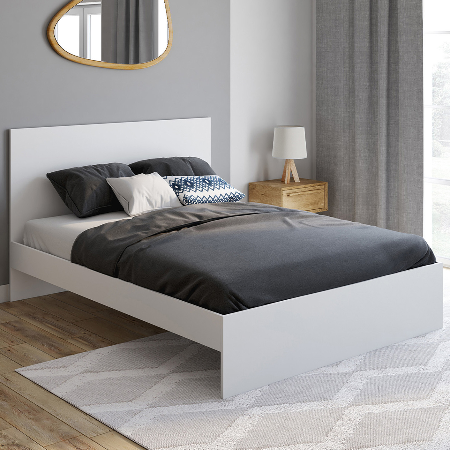 Lit double avec tête de lit et sommier blanc 140x190cm - OMAHA ...