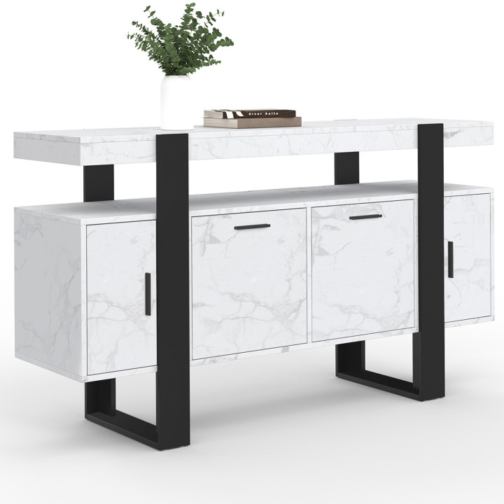 PHOENIX 4-deurs 140 cm dressoir met wit ALASKA marmer en zwart effect