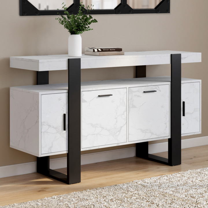 PHOENIX 4-deurs 140 cm dressoir met wit ALASKA marmer en zwart effect