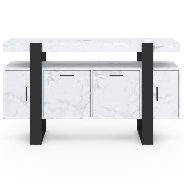 PHOENIX 4-deurs 140 cm dressoir met wit ALASKA marmer en zwart effect
