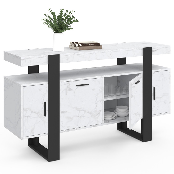 PHOENIX 4-deurs 140 cm dressoir met wit ALASKA marmer en zwart effect