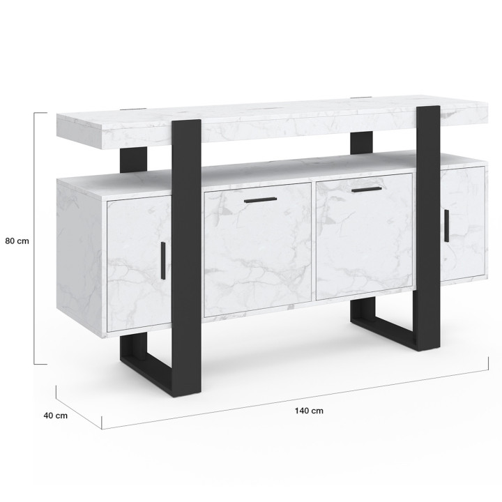 PHOENIX 4-deurs 140 cm dressoir met wit ALASKA marmer en zwart effect