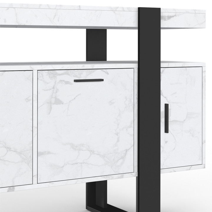 PHOENIX 4-deurs 140 cm dressoir met wit ALASKA marmer en zwart effect
