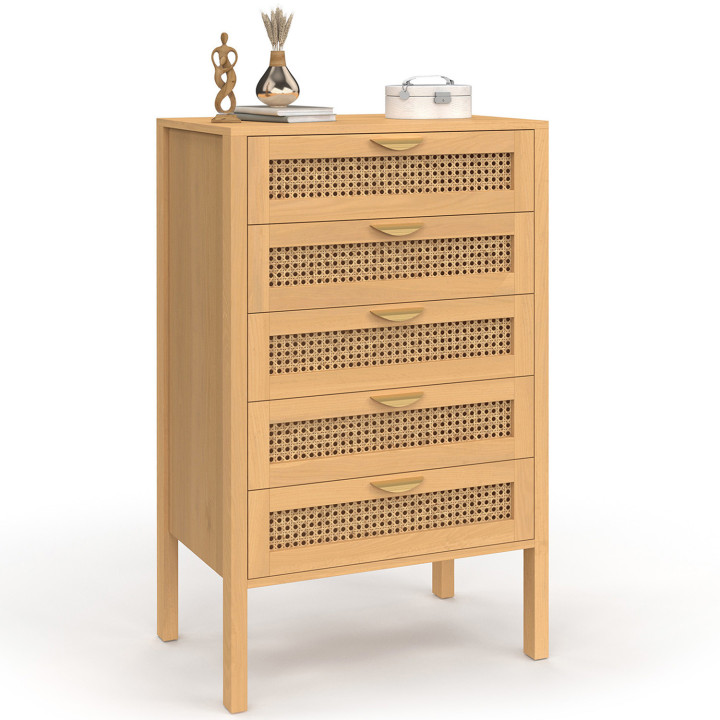Chiffonnier 5 tiroirs EDHEN 60 cm commode semainier cannage coloris bois