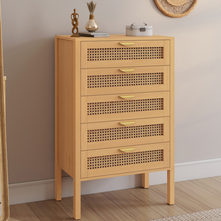 Chiffonnier 5 tiroirs EDHEN 60 cm commode semainier cannage coloris bois