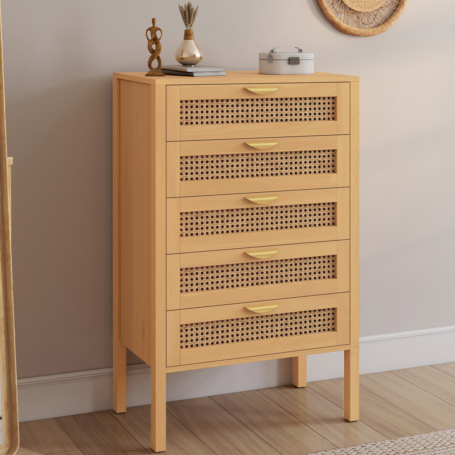 Chiffonier commode semainier cannage bois 5 tiroirs 60 cm