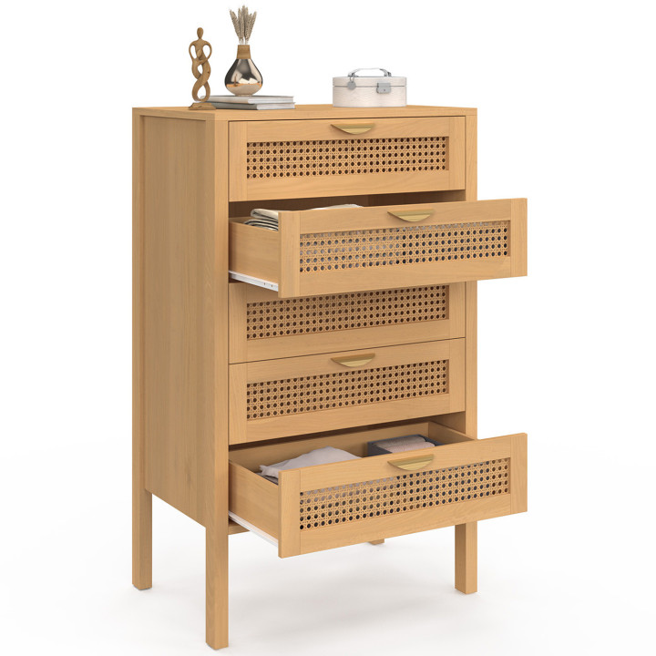 Chiffonnier 5 tiroirs EDHEN 60 cm commode semainier cannage coloris bois