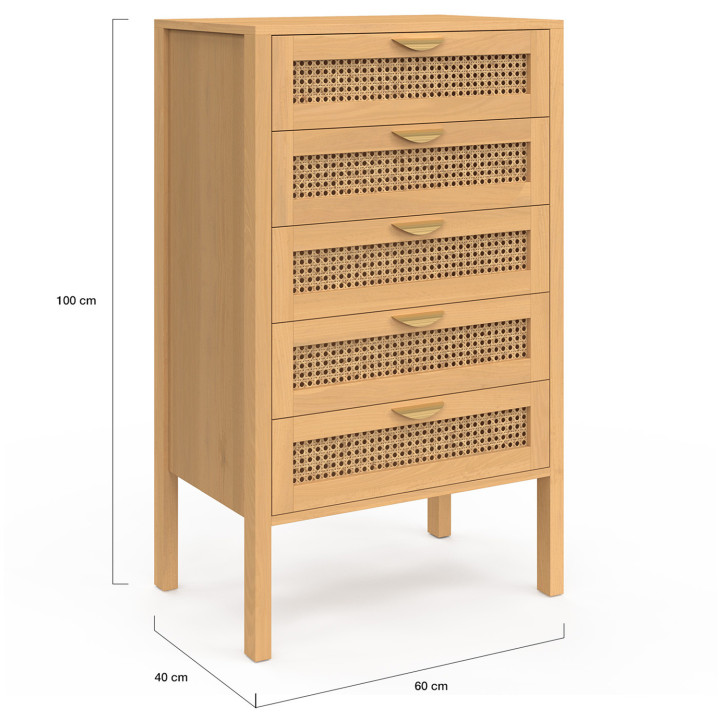 Chiffonnier 5 tiroirs EDHEN 60 cm commode semainier cannage coloris bois